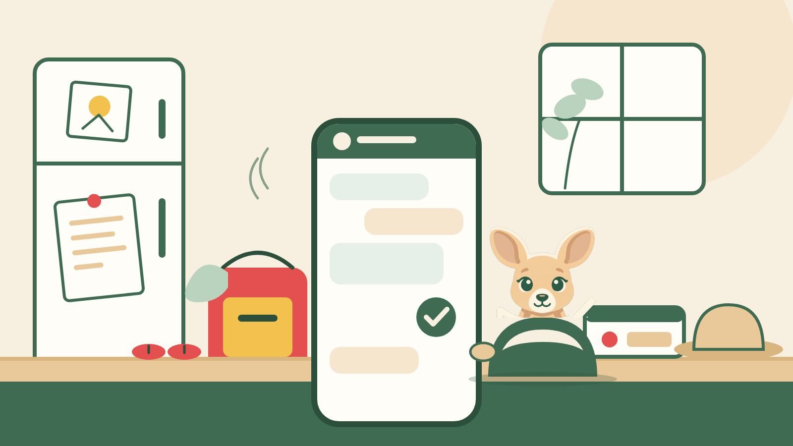 A family kitchen bench: a phone showing the group chat with one green tick, and Joey peeking from its pouch beside it