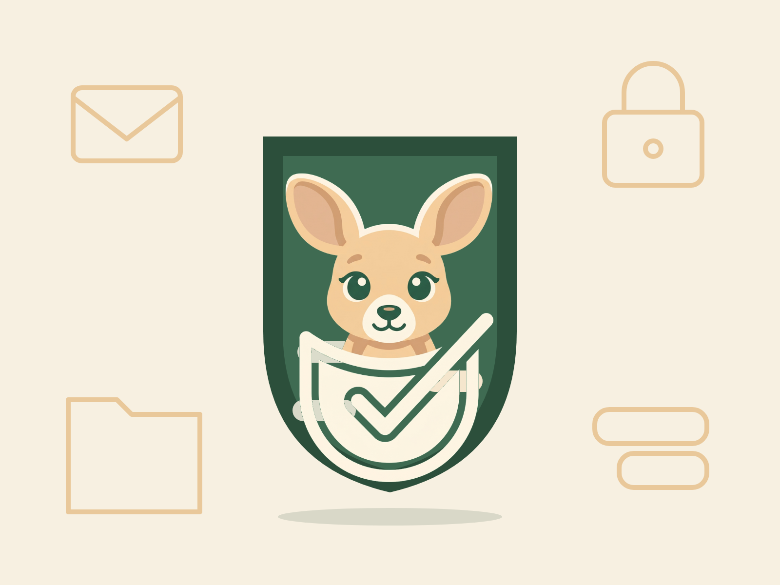 Joey in its pouch inside a green shield. An envelope, a folder, a padlock and another chat sit outside it